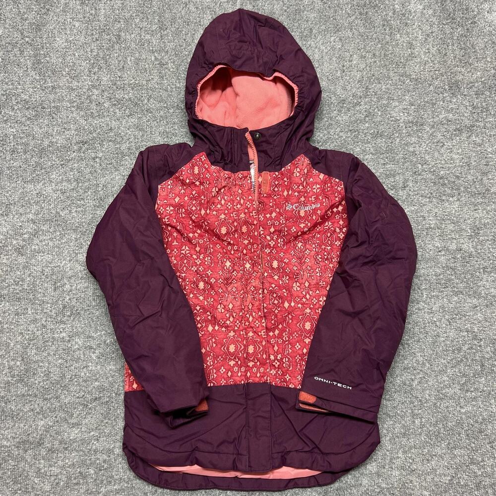 Columbia Ski Jacket Girls Small 7/8 Pink Geometric Omni-Tech Hooded Insulated